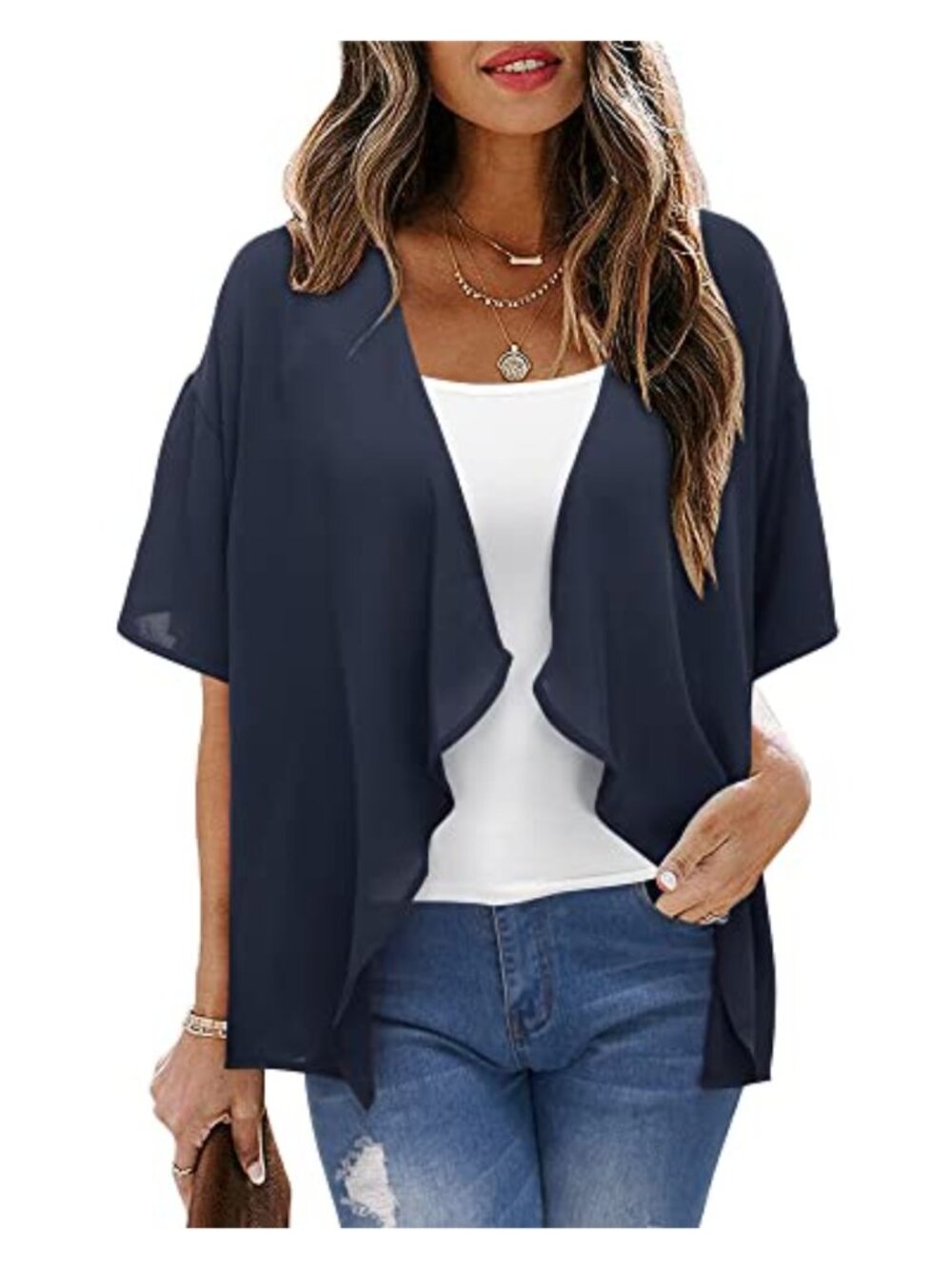 Sheer Chiffon Kimono Cardigan Short Sleeve Swim Cover Up Loose Fit